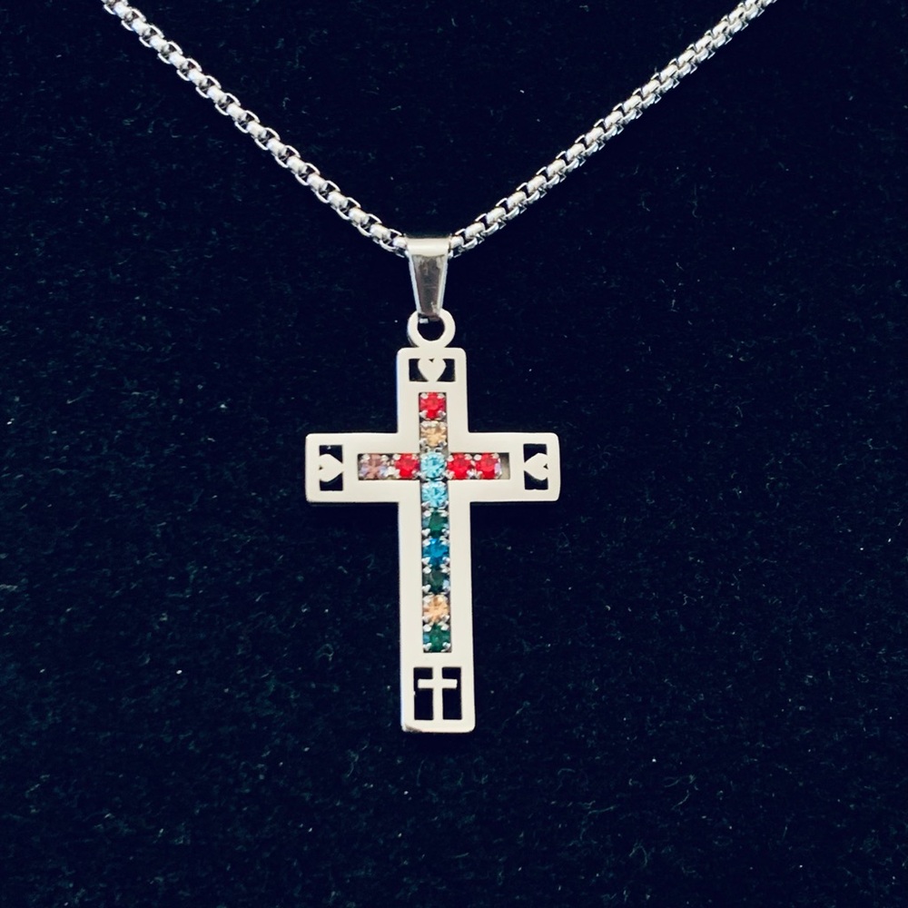 Multi-colored Rhinestones Religious Cross stainless steel necklace